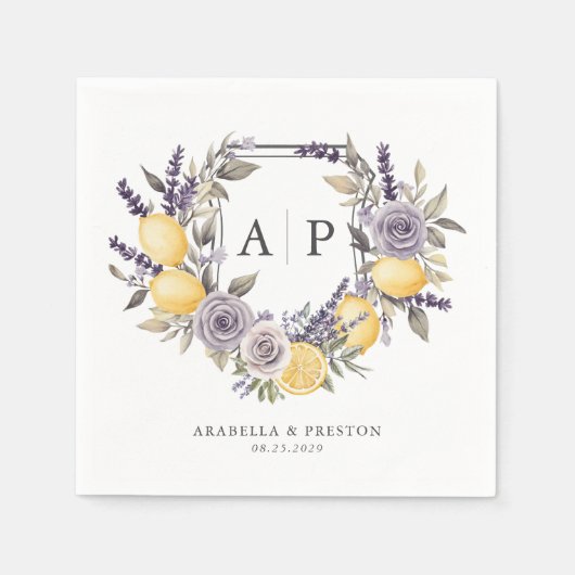 Lavender Lemon Monogram Floral Wappen Wedding Serviette (Vorderseite)