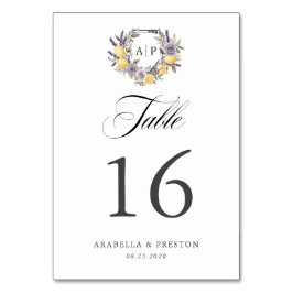Lavender Lemon Monogram Floral Wappen Wedding Tischnummer