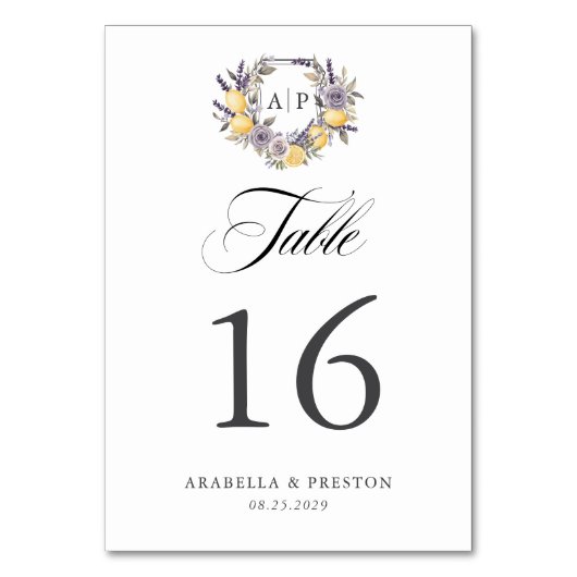 Lavender Lemon Monogram Floral Wappen Wedding Tischnummer (Vorderseite)