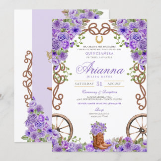 Lavender Light Lila Western Charra Quinceañera Einladung