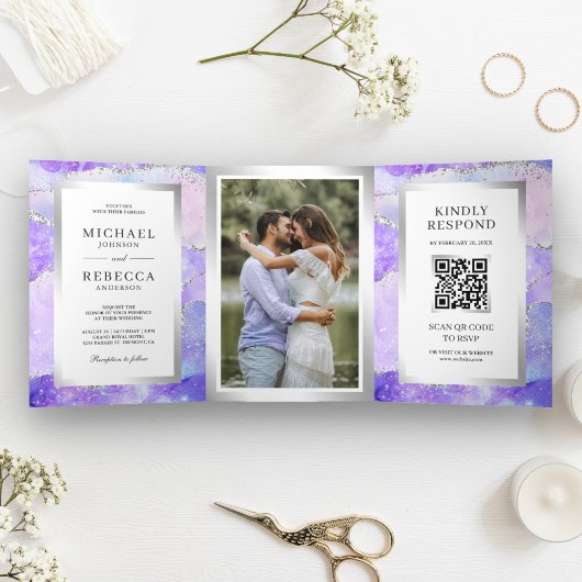 Lavender Lila Agate Marble QR Code Wedding Dreifach Gefaltete Einladung