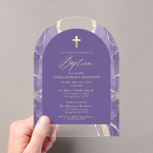 Lavender Lila Agate Taufe Modernes Elegantes Acryleinladungen (Insitu (Handheld))