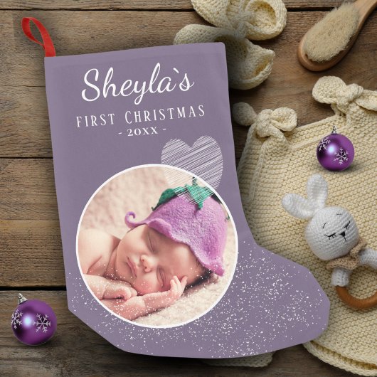 Lavender Lila Baby's First Christmas Heart Foto Kleiner Weihnachtsstrumpf
