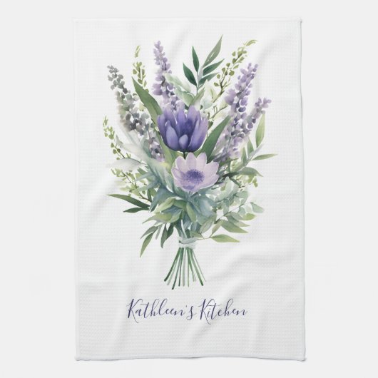 Lavender Lila Blume Grüne Floral Bouquet Geschirrtuch (Vertikal)