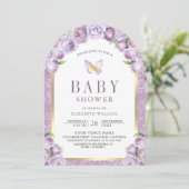 Lavender Lila Blumenarmbutterfly Babydusche Einladung (Stehend Vorderseite)