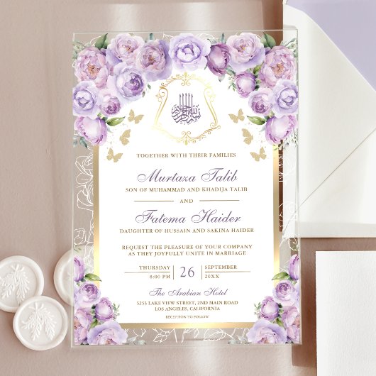 Lavender Lila blumengoldene Hochzeit Acryleinladungen