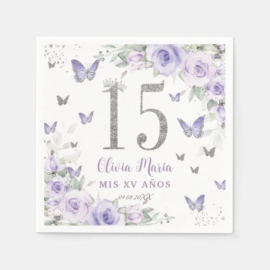 Lavender Lila Blumenschmetterlinge Quinceñera 15 Serviette (Vorderseite)