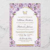 Lavender Lila Blumenstrauß-Hochzeit Folieneinladung (Vorderseite)