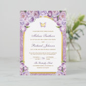 Lavender Lila Blumenstrauß-Hochzeit Folieneinladung (Stehend vorne)