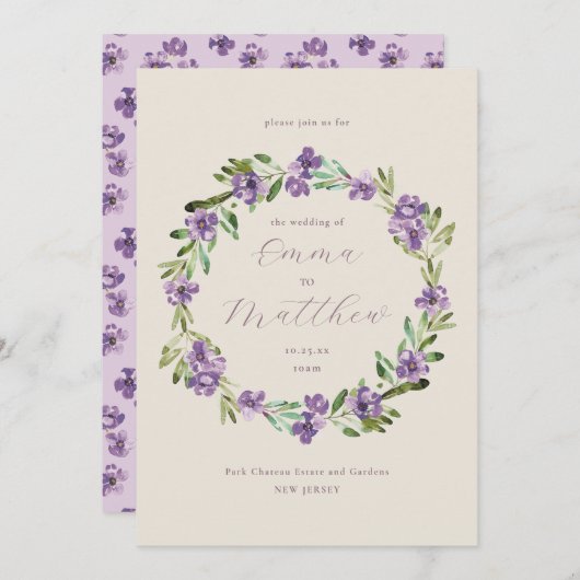 Lavender Lila Botanische Kranzhochzeit Einladung (Vorne/Hinten)