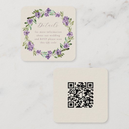 Lavender Lila botanischer Kranz QR Code Hochzeit Begleitkarte (Vorne/Hinten)