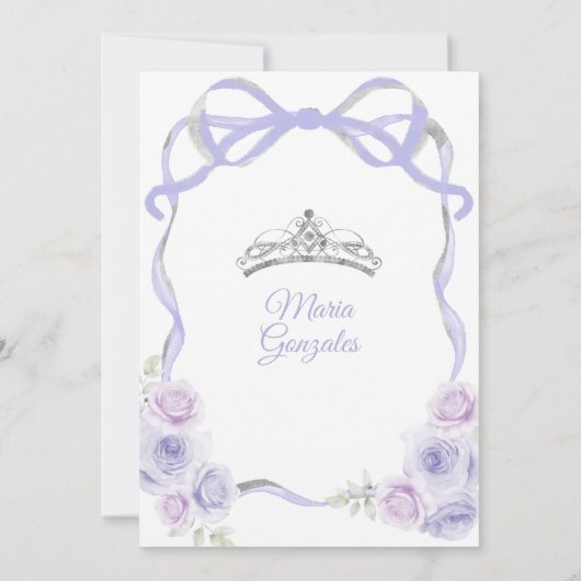 Lavender Lila Bow Princess Silver Quinceañera Einladung (Rückseite)