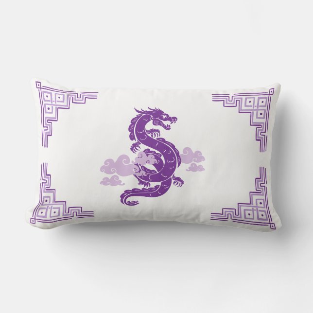 Lavender Lila Chinoiserie Dragon und Wolken Lendenkissen (Vorderseite)