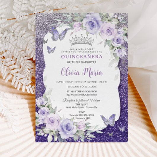 Lavender Lila Flora Schmetterlinge Quinceañera Einladung