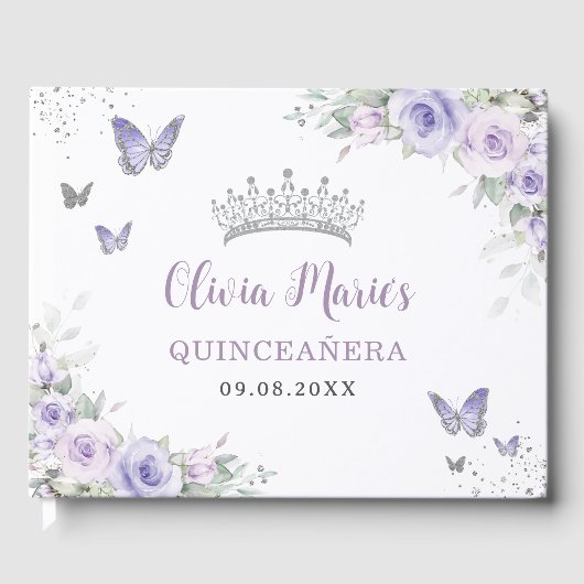 Lavender Lila Flora Schmetterlinge Quinceañera Gästebuch (Vorderseite)