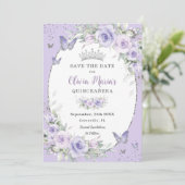 Lavender Lila Flora Schmetterlinge Quinceañera Save The Date (Stehend Vorderseite)