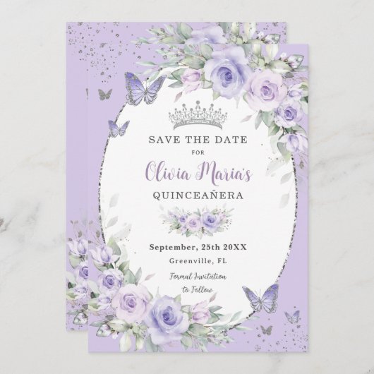 Lavender Lila Flora Schmetterlinge Quinceañera Save The Date (Vorne/Hinten)