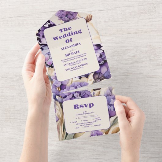 Lavender Lila Floral Elegante Hochzeit All In One Einladung (Abreißen)