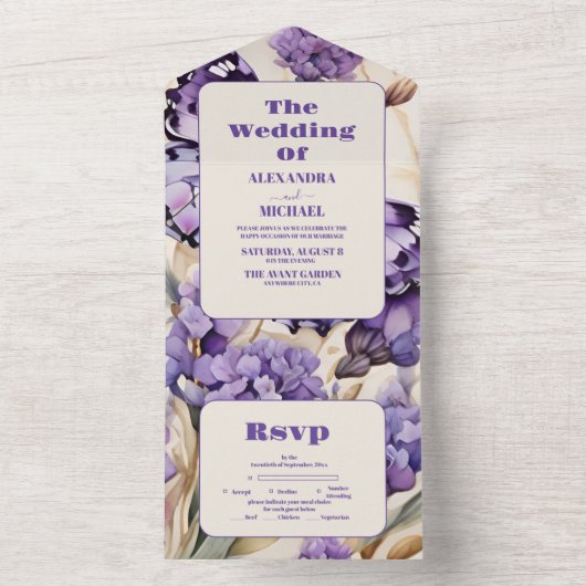 Lavender Lila Floral Elegante Hochzeit All In One Einladung (Innen Boden)
