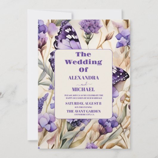 Lavender Lila Floral Elegante Hochzeit Einladung (Vorderseite)