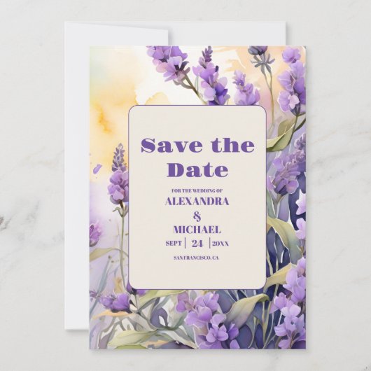 Lavender Lila Floral Elegante Hochzeit Save The Date (Vorderseite)