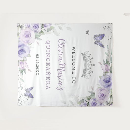 Lavender Lila Floral Quinceñera Bridal Willkommen Wandteppich (Vorderseite (Horizontal))