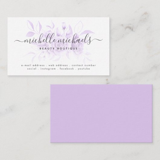 Lavender Lila florale Minimalskripte Moderne Visitenkarte (Vorne/Hinten)