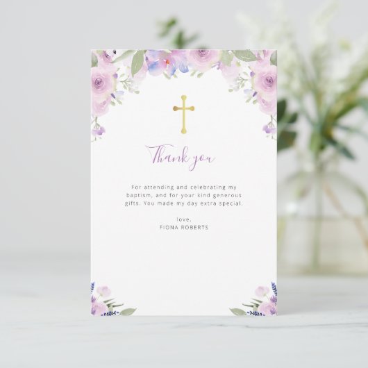 lavender lila florale Taufe danke Karte (Stehend Vorderseite)