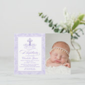 Lavender Lila Foto Taufe Einladung (Stehend Vorderseite)