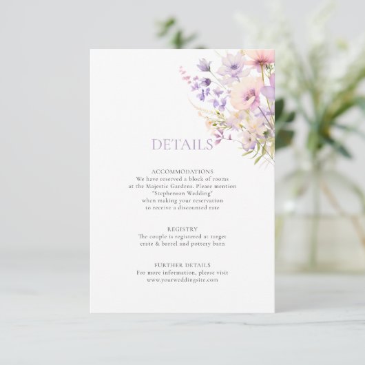 Lavender Lila Garden Wildblumen DETAILS Hochzeit Begleitkarte (Stehend Vorderseite)