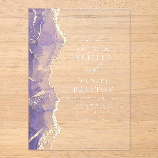 Lavender Lila Gold Agate Moderne Hochzeit Acryleinladungen (Vorderseite)
