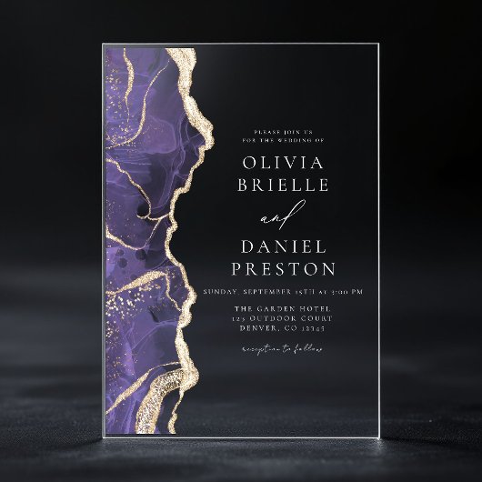 Lavender Lila Gold Agate Moderne Hochzeit Acryleinladungen