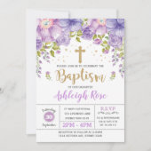 Lavender Lila Gold Floral Girl Taufe Einladung (Vorderseite)
