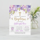 Lavender Lila Gold Floral Girl Taufe Einladung (Stehend Vorderseite)