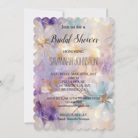 Lavender Lila Gold Glam Floral Brautparty Einladung (Vorderseite)