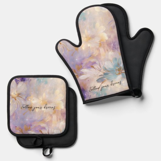 Lavender Lila Gold Glam Floral Wedding Ofenhandschuh & Topflappen-Set (Vorderseite/Rückseite)