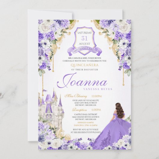 Lavender Lila Gold Königliche Prinzessin Burg Einladung (Vorderseite)
