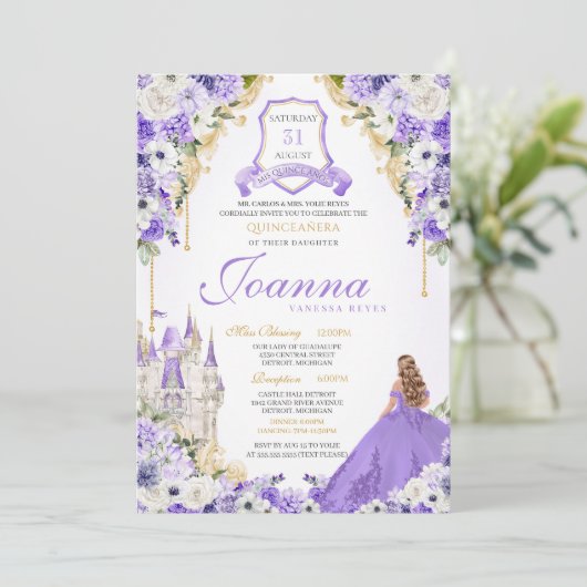 Lavender Lila Gold Königliche Prinzessin Burg Einladung (Stehend Vorderseite)
