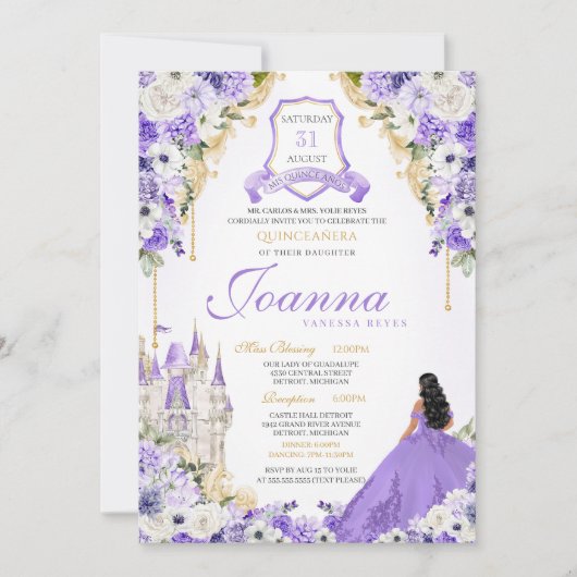 Lavender Lila & Gold Royal Princess Quinceanera Einladung (Vorderseite)