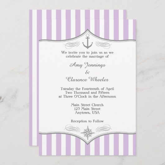 Lavender Lila Gray Nautical Wedding Einladung (Vorne/Hinten)