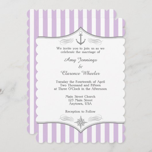 Lavender Lila Gray Nautical Wedding Einladung (Vorne/Hinten)
