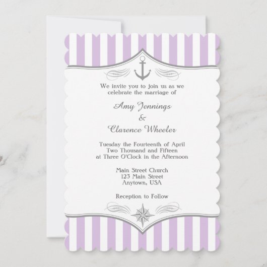 Lavender Lila Gray Nautical Wedding Einladung (Vorderseite)