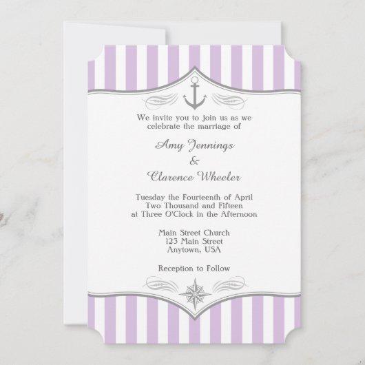 Lavender Lila Gray Nautical Wedding Einladung (Vorderseite)