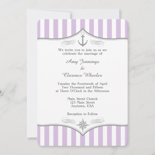 Lavender Lila Gray Nautical Wedding Einladung (Vorderseite)
