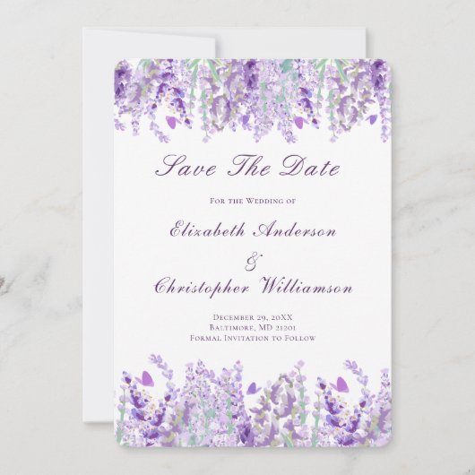 Lavender Lila grüne Wasserfarbe Elegante Save The Date (Vorderseite)