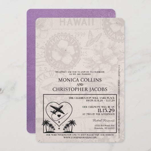 Lavender Lila Hawaii Pass Einladung zur Hochzeit (Vorne/Hinten)