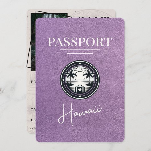 Lavender Lila Hawaii Passport Save the Date (Vorne/Hinten)