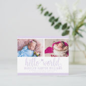 Lavender Lila Hello World Foto Geburtsstat Ankündigungspostkarte (Stehend Vorderseite)