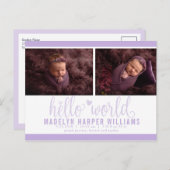 Lavender Lila Hello World Foto Geburtsstat Ankündigungspostkarte (Vorne/Hinten)