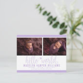 Lavender Lila Hello World Foto Geburtsstat Ankündigungspostkarte (Stehend Vorderseite)